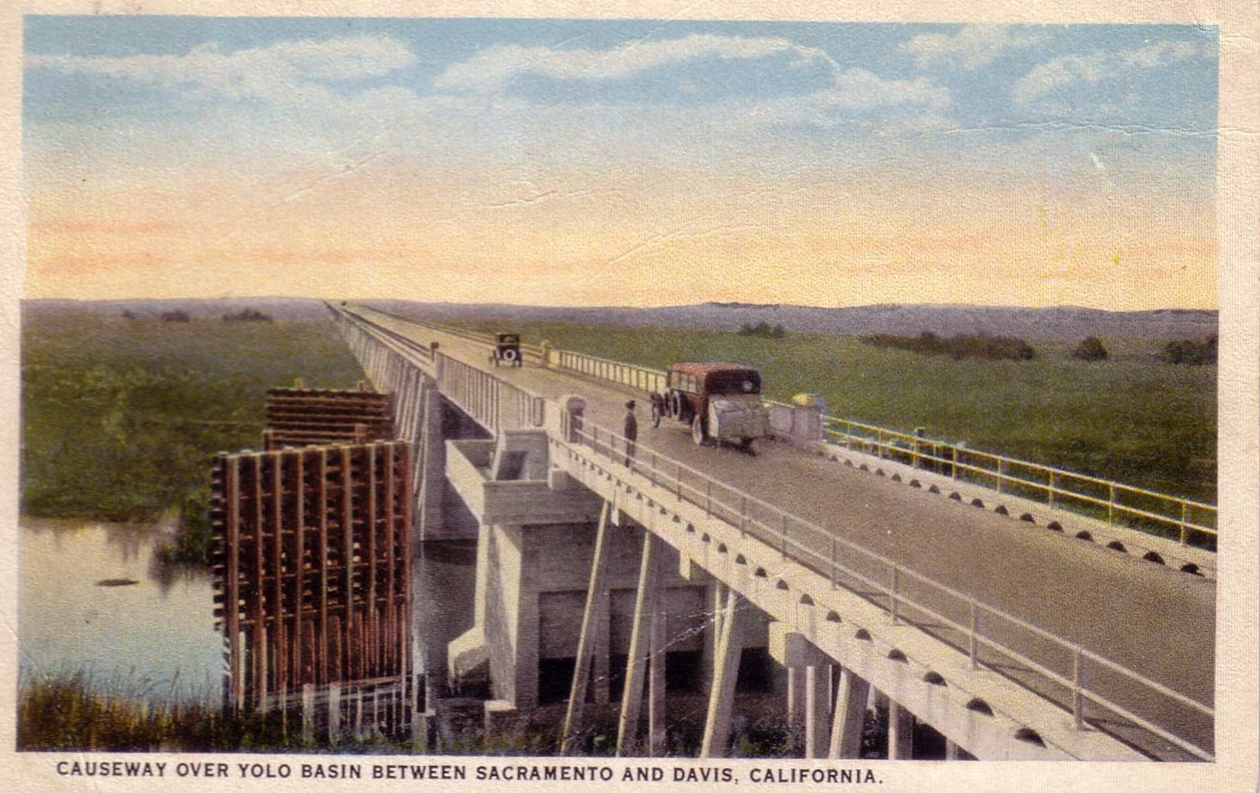 A 1920s postcard of the Yolo Causeway road across the bypass